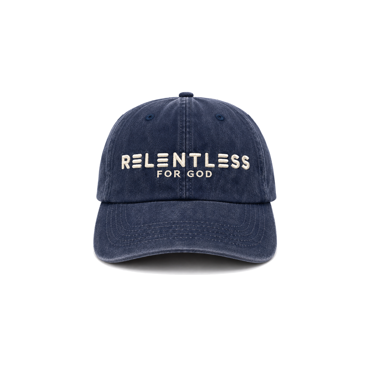 Relentless For God Dad Hat — Washed Denim / White — Front