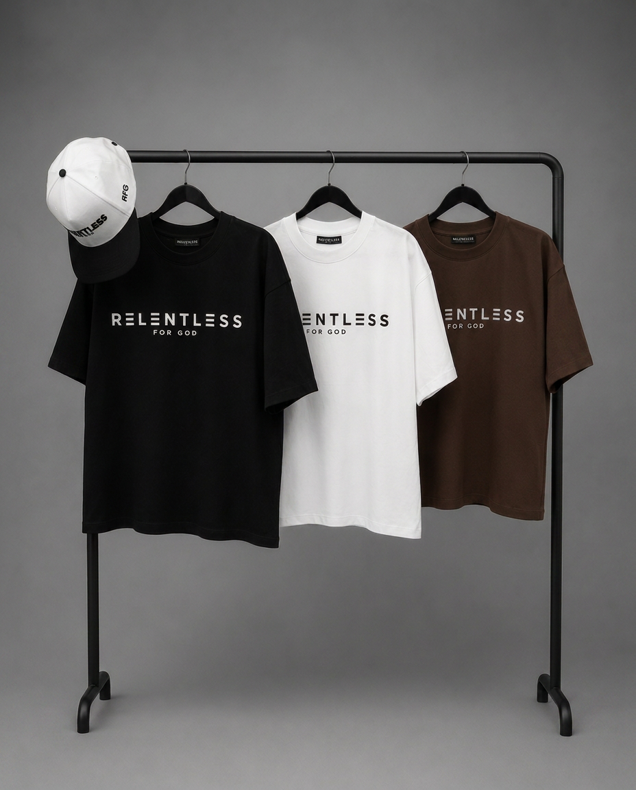 Relentless For God apparel rack with caps and tees