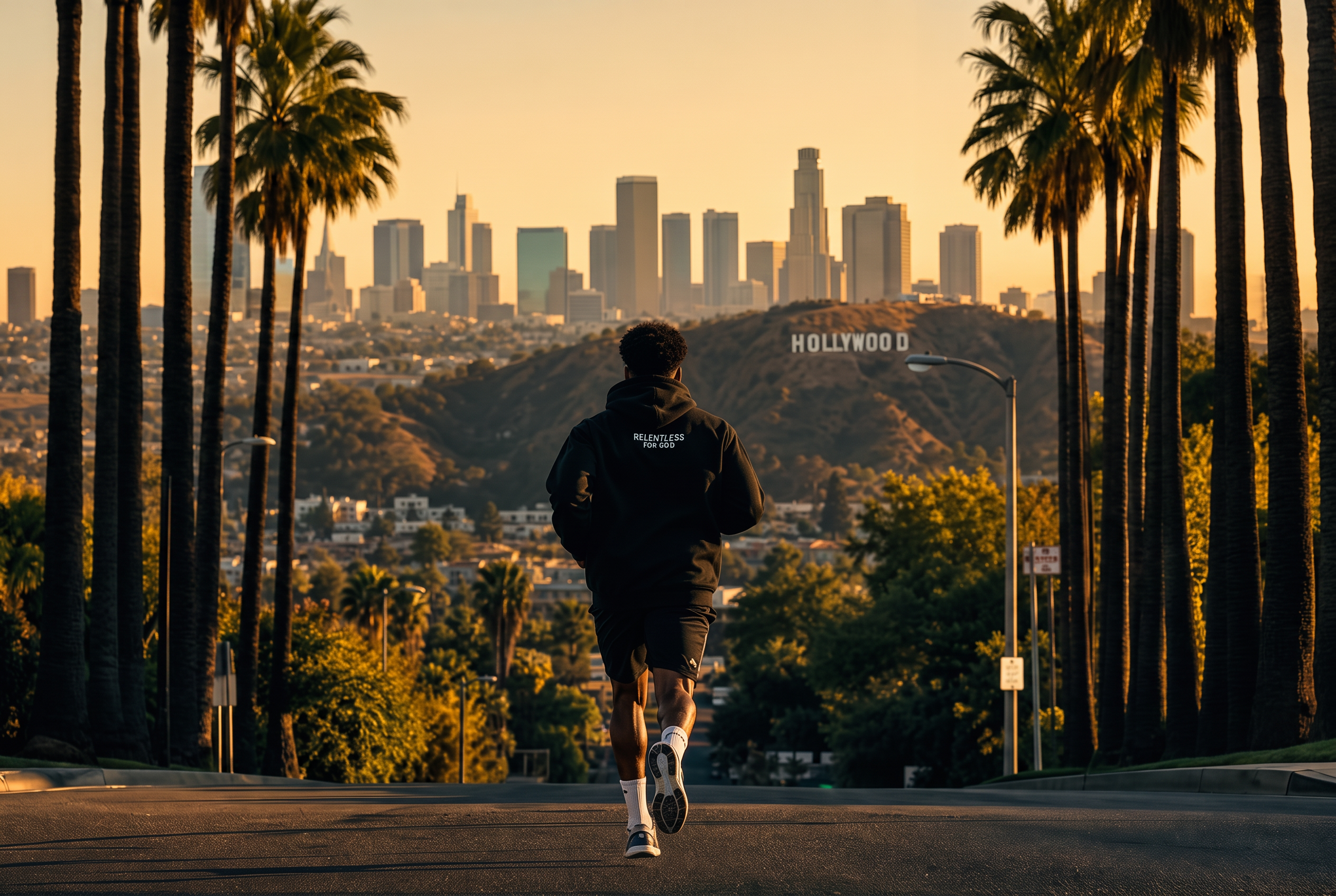 Runner heading toward the Hollywood sign framed by Los Angeles palm trees and downtown skyline