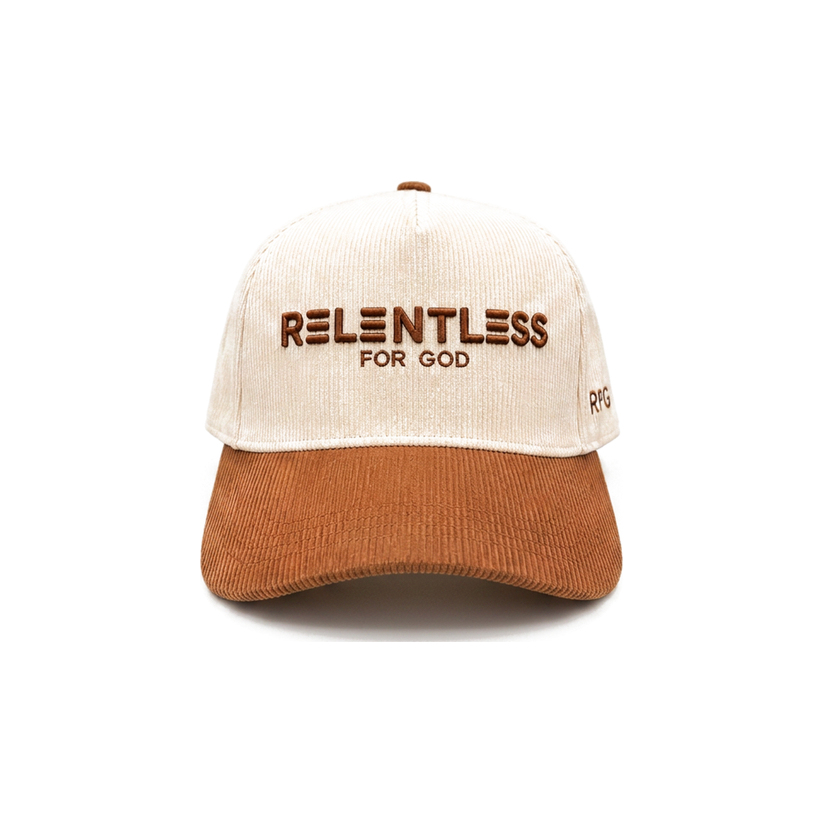 Relentless For God Corduroy Cap — Cream / Brown — Front