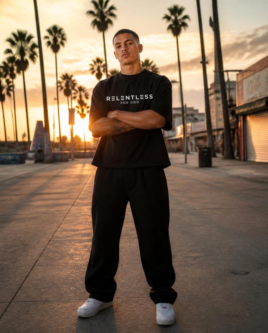 Relentless For God Oversized Tee — Black — Boxy Fit Model